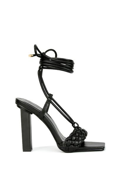 Black 'Mira' Woven Strap Lace Up Strappy Block Square Toe Heels