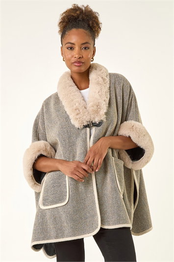 Grey Faux Fur Pocket Poncho