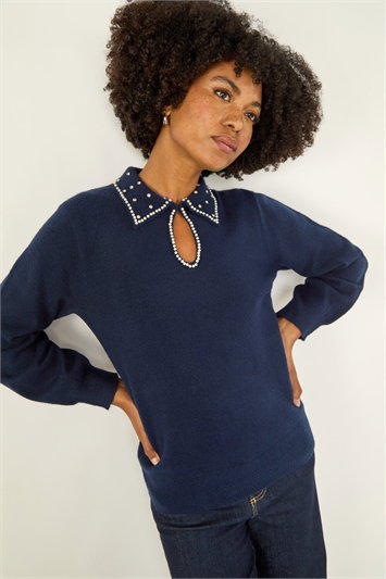 Blue Faux Pearl Collared Keyhole Knit Jumper