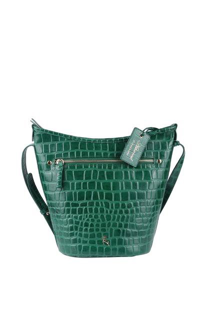 Black 'Expression' Croc Embossed Real Leather Shoulder Bag