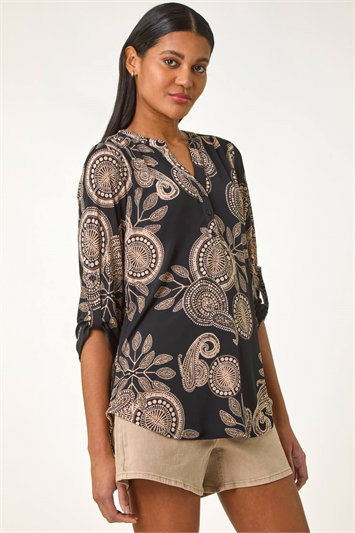 Black Textured Paisley Print Stretch Shirt