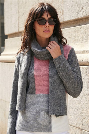 Grey Colour Block Scarf Jumper