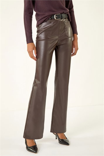 Brown Faux Leather Bootcut Full Length Trouser