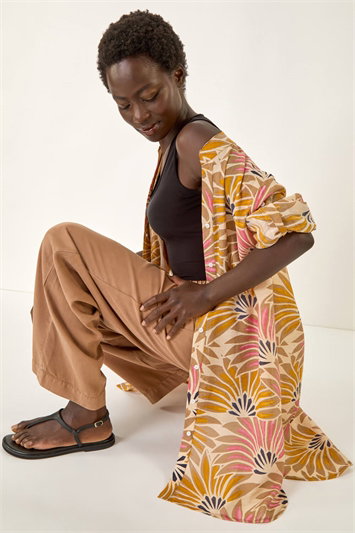 Fan Print Longline Button Up Blouse 10208988