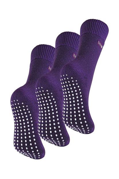 Purple 3 Pairs Ladies Thermal Indoor Slipper Socks With Grips