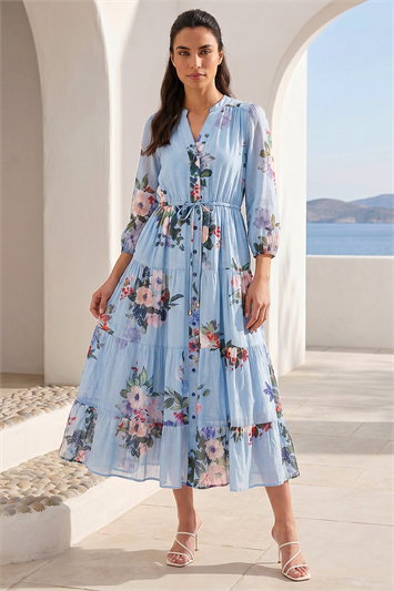 Blue Floral Print Button Tiered Midi Dress