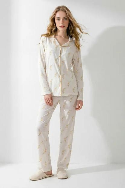 Multi Floral Print Piped Revere Collar Long Sleeve Pyjama Set