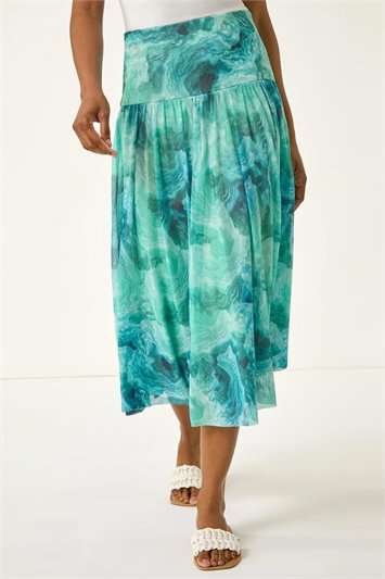 Blue Marble Print Mesh Layer Skirt