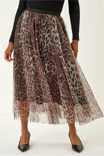 Brown Animal Print Mesh Layered Skirt
