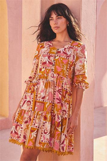 Orange Patchwork Smock V-Neck Dress