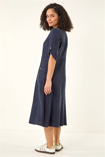 Blue Textured A-Line Midi Dress