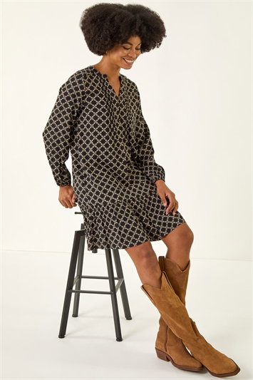 Black Geo Print Pintuck Smock Dress