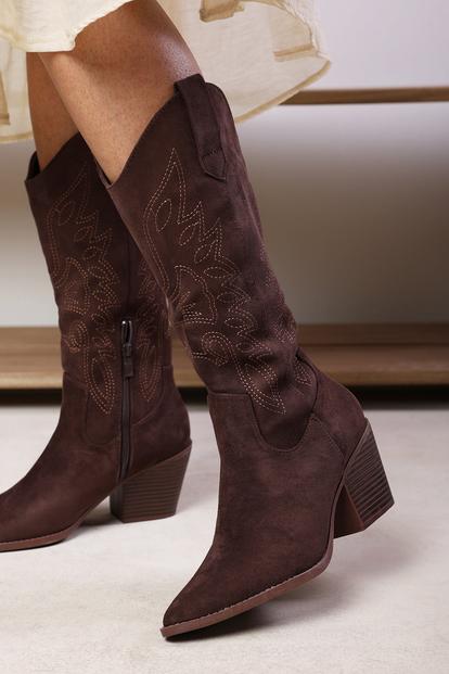 Brown Yasmine Calf Cowboy Boots Block Heel Western Embroidered In Brown Suede