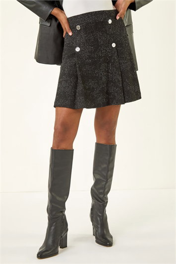 Black Pleated Box Button Skirt