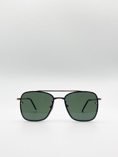 Metallic Metal Frame Square Aviator Style Sunglasses