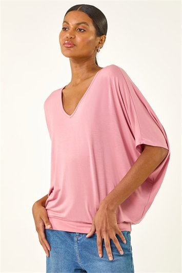 Pink V-Neck Grown On Sleeve Stretch Top