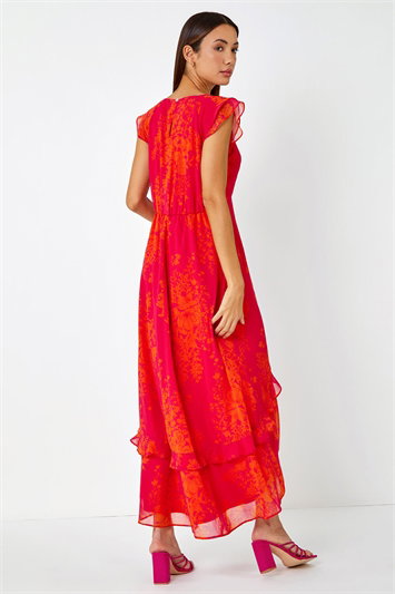 Floral Frill Chiffon Asymmetric Midi Dress 14357332