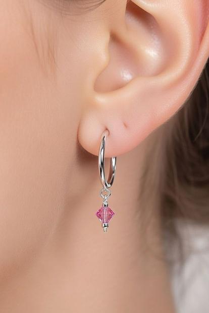 Metallic Sterling Silver 1Cm Bali Hoop, Pink Stone