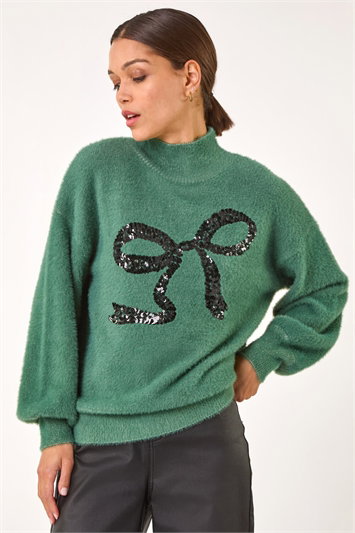 Green Festive Sequin Bow Knit Jumper