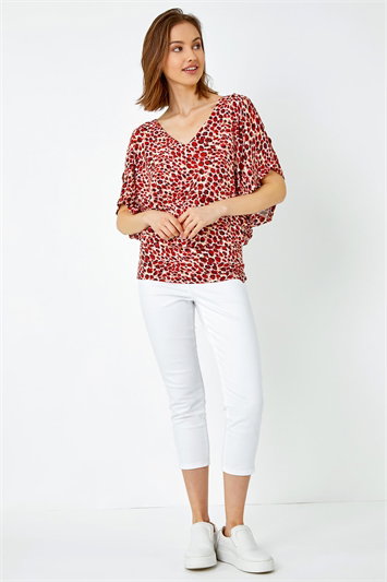 Animal Print V-Neck Cold Shoulder Stretch Top 19231914