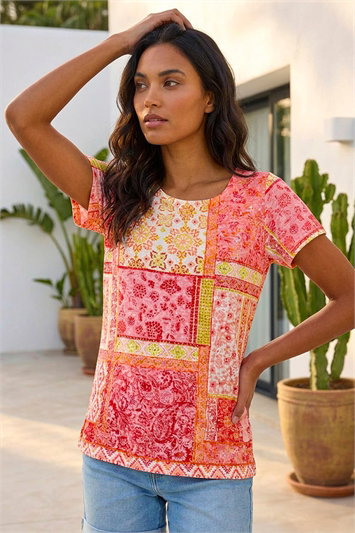 Pink Contrast Print Stretch Top