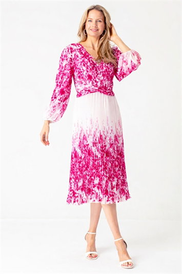 Pink Julianna V-Neck Border Print Pleated Dress