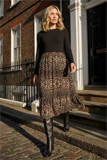 Cream 2 In 1 Animal Print Stretch Midi Dress