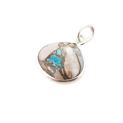 Metallic Sterling Silver Round Bezel Opal & Turquoise Crystal Charm Pendant