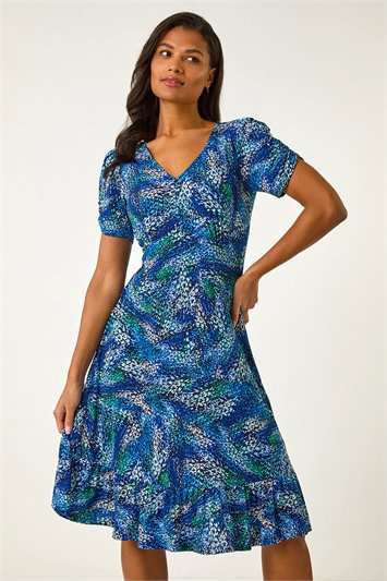 Blue Stretch Abstract Buttoned Tea Dress