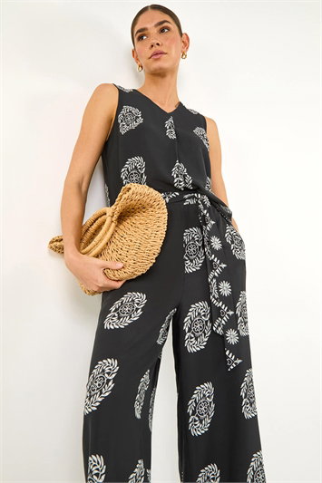 Black Mono Border Print Belted Trouser
