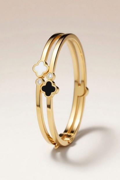 Metallic Two Clover Leaf Single Zircon Floral Irish Design Wrist Bangle Bracelet