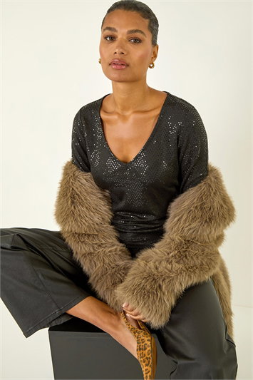 Black Sequin Wrap Stretch Top