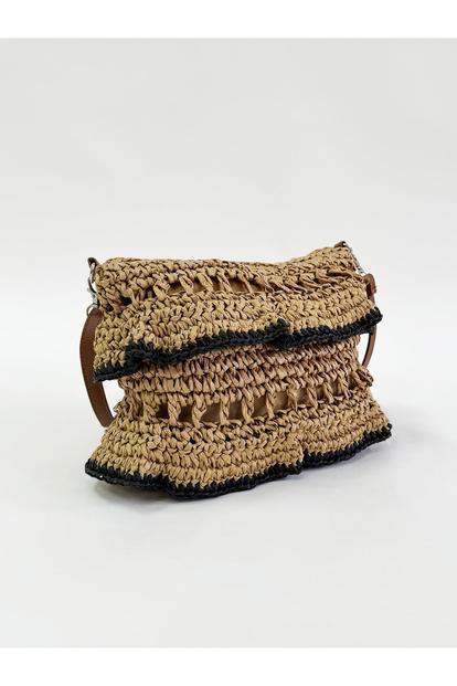 Cream Straw Shoulder Bag With Frill Detail
