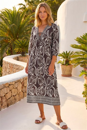 Brown Leaf Border Print V-Neck Midi Dress