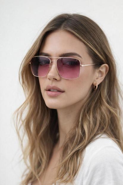 Pink Aviator Style Square Frame Sunglasses In Gold Pink