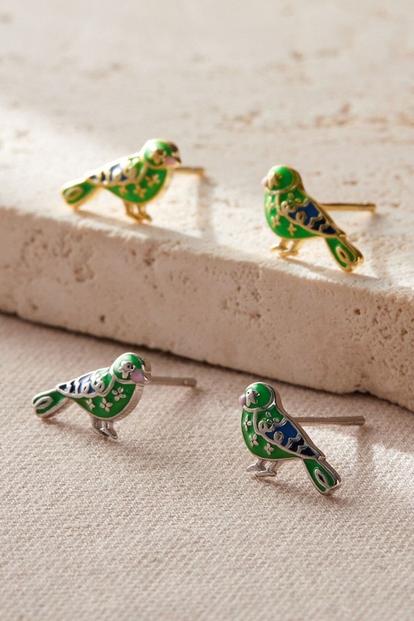 Metallic Greenfinch Birds S925 Sterling Silver Stud Earrings