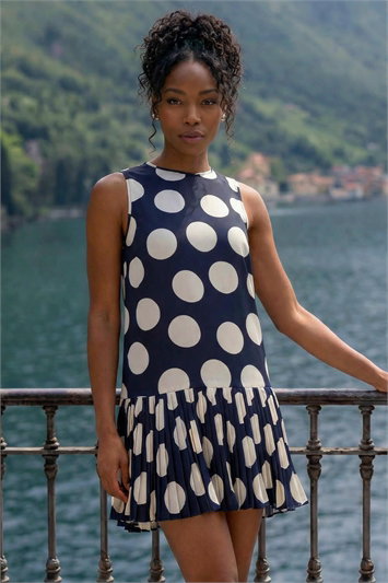 Polka Dot Pleated A-Line Dress 14836760