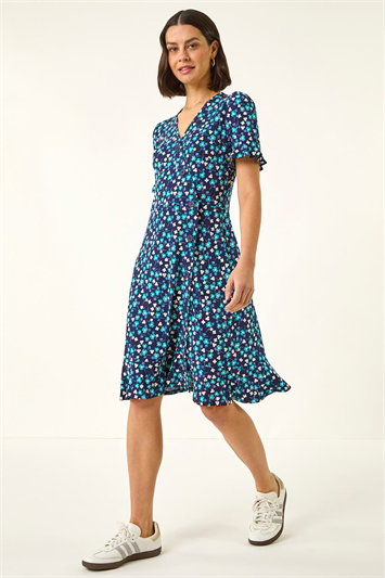 Blue Floral Side Button Dress