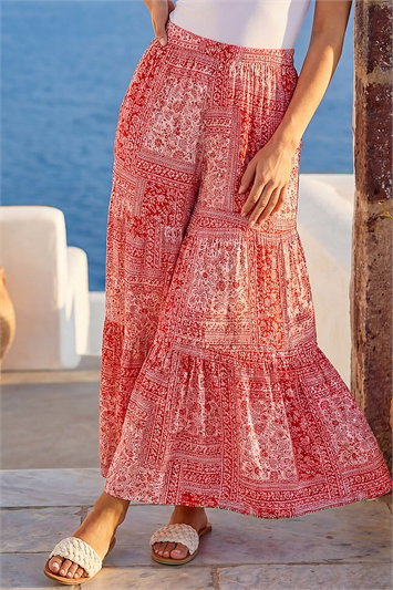 Red Tile Tiered Palazzo Trouser