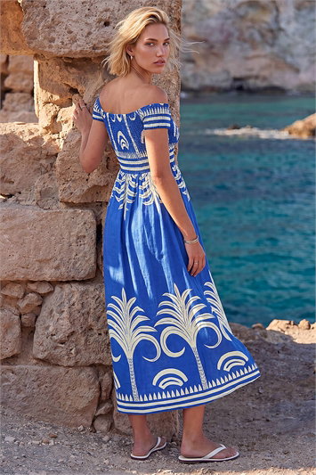 Leaf Print Shirred Bardot Dress 14907580