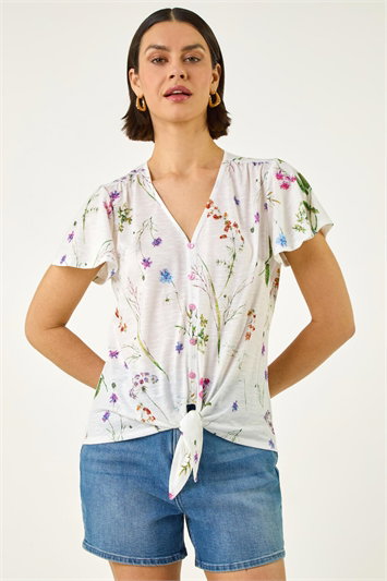 White Floral Print Tie Front Top