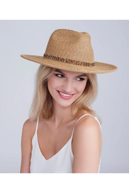 Cream Topaz - Woven Straw Beaded Fedora Hat - Beige