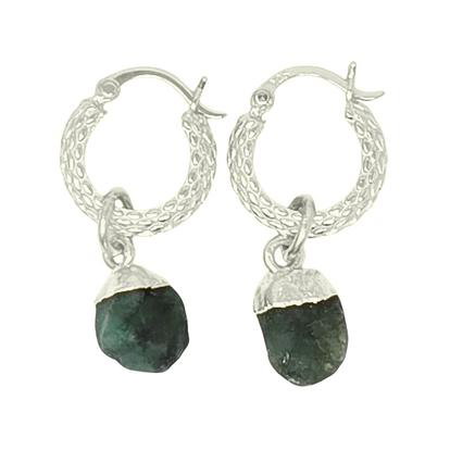 Metallic Raw Emerald May Birthstone Huggie Hoops Sterling Silver Gemstone Earrings