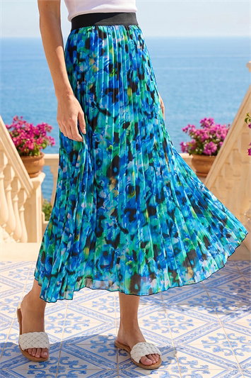 Multi Abstract Print Pleated Skirt