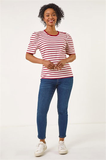 Petite Stripe Ruched Sleeve Top 19407078