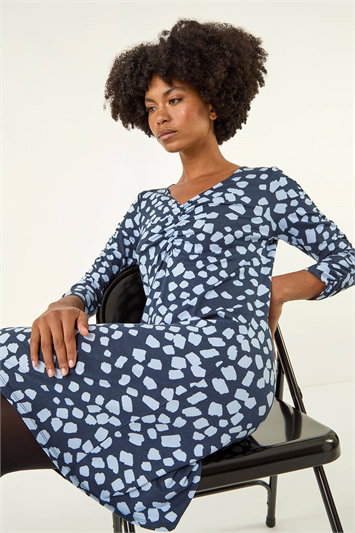 Blue Geometric Gathered A-Line Dress