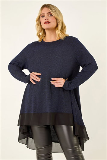 Blue Curve Glitter Chiffon Hem Tunic Top