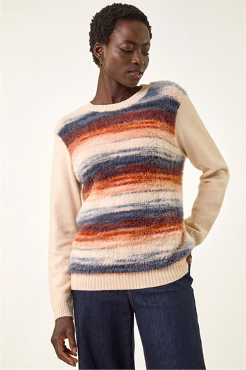 White Fluffy Stripe Knit Jumper
