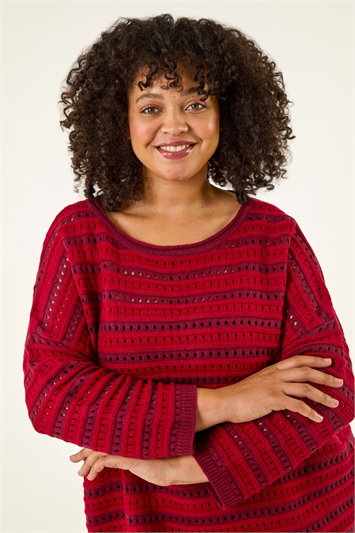 Red Curve Crochet Stripe Knit
