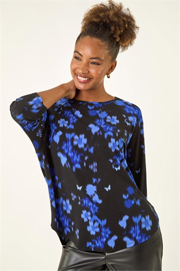 Blue Floral Print Round Hem Top